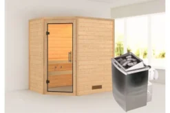 KARIBU Svea Sauna , Naturbelassen, Fichte, 196x146x198 Cm, Klarglastür, Ofen 4,5 KW Integr. Strg.