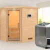 KARIBU Svea Sauna , Naturbelassen, Fichte, 224x160x202 Cm, Klarglastür U. Kranz, Ofen 4,5 KW Bio Ext. Strg.