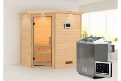 KARIBU Svea Sauna , Naturbelassen, Fichte, 224x160x202 Cm, Klarglastür U. Kranz, Ofen 4,5 KW Bio Ext. Strg.