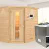 KARIBU Mia Sauna , Naturbelassen, Fichte, 224x184x202 Cm, Energiespartür U. Kranz,Ofen 4,5 KW Ext. Strg. Easy