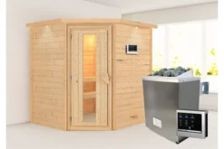 KARIBU Mia Sauna , Naturbelassen, Fichte, 224x184x202 Cm, Energiespartür U. Kranz,Ofen 4,5 KW Ext. Strg. Easy