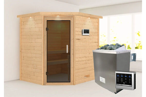KARIBU Mia Sauna , Naturbelassen, Fichte, 224x184x202 Cm, Graphitfarbene Tür U.Kranz, Ofen 4,5 KW Bio Ext. Strg. Easy 1 KARIBU Mia Sauna , Naturbelassen, Fichte, 224x184x202 Cm, Graphitfarbene Tür U.Kranz, Ofen 4,5 KW Bio Ext. Strg. Easy