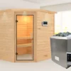 KARIBU Mia Sauna , Naturbelassen, Fichte, 224x184x202 Cm, Klarglastür U. Kranz, Ofen 4,5 KW Bio Ext. Strg. Easy