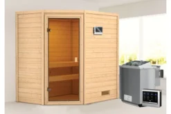 KARIBU Jella Sauna , Naturbelassen, Fichte, 195x145x187 Cm,SETOfen 4,5 KW Bio Ext. Strg. Easy