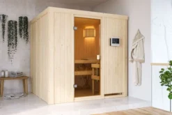 KARIBU Tromsö Sauna , Naturbelassen, Fichte, 196x178x198 Cm,SETOfen 4,5 KW Ext. Strg. Easy