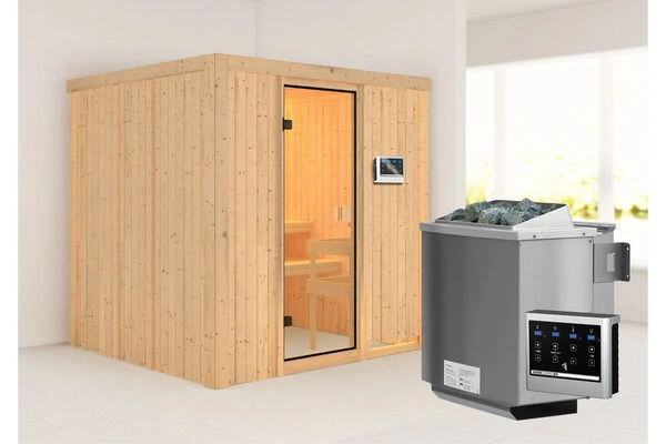 KARIBU Tromsö Sauna , Naturbelassen, Fichte, 196x178x198 Cm,SETOfen 4,5 KW Bio Ext. Strg. Easy 1 KARIBU Tromsö Sauna , Naturbelassen, Fichte, 196x178x198 Cm,SETOfen 4,5 KW Bio Ext. Strg. Easy