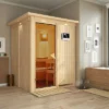 KARIBU Norin Sauna, Naturbelassen, Fichte, 165 X 165 X 202 Cm, Fronteinstieg, Mit Bronzierter Tür Und Kranz, SET Mit Ofen 4,5 KW Bio Ext. Strg.
