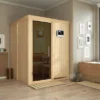 KARIBU Norin Sauna, Naturbelassen, Fichte, 151 X 151 X 198 Cm, Fronteinstieg, Mit Graphitfarbener Tür, SET Mit Ofen 4,5 KW Bio Ext. Strg.