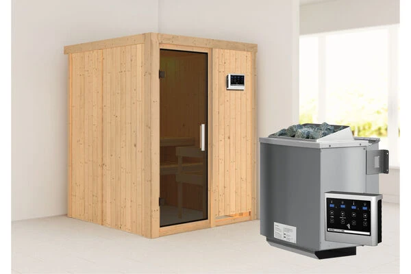 KARIBU Norin Sauna, Naturbelassen, Fichte, 151 X 151 X 198 Cm, Fronteinstieg, Mit Graphitfarbener Tür, SET Mit Ofen 4,5 KW Bio Ext. Strg. 2 KARIBU Norin Sauna, Naturbelassen, Fichte, 151 X 151 X 198 Cm, Fronteinstieg, Mit Graphitfarbener Tür, SET Mit Ofen 4,5 KW Bio Ext. Strg. – Bild 2