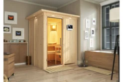KARIBU Norin Sauna, Naturbelassen, Fichte, 165 X 165 X 202 Cm, Fronteinstieg, Mit Klarglastür Und Kranz, SET Mit Ofen 4,5 KW Bio Ext. Strg.