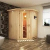 KARIBU Larin Sauna, Naturbelassen, Fichte, 165 X 165 X 202 Cm, Eckeinstieg, Mit Energiespartür Und Kranz, SET Mit Ofen 4,5 KW Bio Ext. Strg.