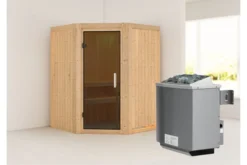 KARIBU Larin Sauna, Naturbelassen, Fichte, 151 X 151 X 198 Cm, Eckeinstieg, Mit Graphitfarbener Tür, SET Mit Ofen 4,5 KW Integr. Str.