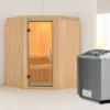 KARIBU Larin Sauna, Naturbelassen, Fichte, 151 X 151 X 198 Cm, Eckeinstieg, Mit Klarglastür, SET Mit Ofen 4,5 KW Integr. Str.