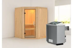 KARIBU Larin Sauna, Naturbelassen, Fichte, 151 X 151 X 198 Cm, Eckeinstieg, Mit Klarglastür, SET Mit Ofen 4,5 KW Integr. Str.