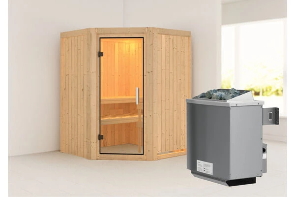 KARIBU Larin Sauna, Naturbelassen, Fichte, 151 X 151 X 198 Cm, Eckeinstieg, Mit Klarglastür, SET Mit Ofen 4,5 KW Integr. Str. 1 KARIBU Larin Sauna, Naturbelassen, Fichte, 151 X 151 X 198 Cm, Eckeinstieg, Mit Klarglastür, SET Mit Ofen 4,5 KW Integr. Str.