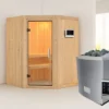KARIBU Larin Sauna, Naturbelassen, Fichte, 151 X 151 X 198 Cm, Eckeinstieg, Mit Klarglastür, SET Mit Ofen 4,5 KW Ext. Strg. Easy