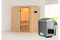 KARIBU Larin Sauna, Naturbelassen, Fichte, 151 X 151 X 198 Cm, Eckeinstieg, Mit Klarglastür,SET Mit Ofen 4,5 KW Bio Ext. Strg.
