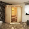 KARIBU Larin Sauna, Naturbelassen, Fichte, 165 X 165 X 202 Cm, Eckeinstieg,mit Klarglastür Und Kranz, SET Mit Ofen 4,5 KW Integr. Str.