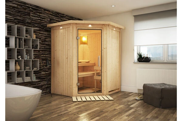 KARIBU Larin Sauna, Naturbelassen, Fichte, 165 X 165 X 202 Cm, Eckeinstieg,mit Klarglastür Und Kranz, SET Mit Ofen 4,5 KW Integr. Str. 1 KARIBU Larin Sauna, Naturbelassen, Fichte, 165 X 165 X 202 Cm, Eckeinstieg,mit Klarglastür Und Kranz, SET Mit Ofen 4,5 KW Integr. Str.