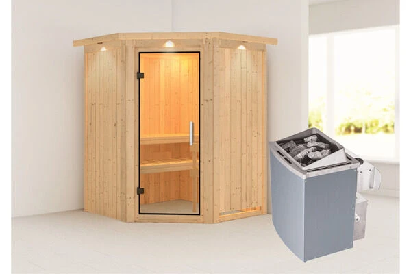 KARIBU Larin Sauna, Naturbelassen, Fichte, 165 X 165 X 202 Cm, Eckeinstieg,mit Klarglastür Und Kranz, SET Mit Ofen 4,5 KW Integr. Str. 2 KARIBU Larin Sauna, Naturbelassen, Fichte, 165 X 165 X 202 Cm, Eckeinstieg,mit Klarglastür Und Kranz, SET Mit Ofen 4,5 KW Integr. Str. – Bild 2