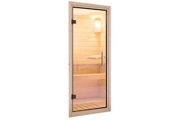 KARIBU Larin Sauna, Naturbelassen, Fichte, 165 X 165 X 202 Cm, Eckeinstieg,mit Klarglastür Und Kranz, SET Mit Ofen 4,5 KW Integr. Str. 3 KARIBU Larin Sauna, Naturbelassen, Fichte, 165 X 165 X 202 Cm, Eckeinstieg,mit Klarglastür Und Kranz, SET Mit Ofen 4,5 KW Integr. Str. – Bild 3