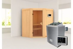 KARIBU Taurin Sauna, Naturbelassen, Fichte, 170 X 151 X 198 Cm, Eckeinstieg, Mit Bronzierter Tür, SET Mit Ofen 4,5 KW Ext. Strg. Easy