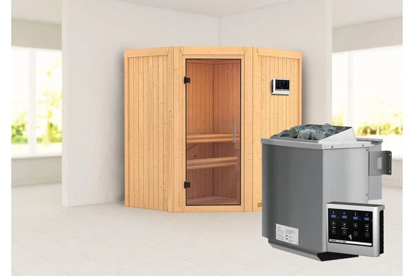 KARIBU Taurin Sauna, Naturbelassen, Fichte, 170 X 151 X 198 Cm, Eckeinstieg, Mit Klarglastür,SET Mit Ofen 4,5 KW Bio Ext. Strg. 1 KARIBU Taurin Sauna, Naturbelassen, Fichte, 170 X 151 X 198 Cm, Eckeinstieg, Mit Klarglastür,SET Mit Ofen 4,5 KW Bio Ext. Strg.