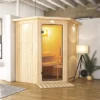 KARIBU Taurin Sauna, Naturbelassen, Fichte, 184 X 165 X 202 Cm, Eckeinstieg, Mit Klarglastür Und Kranz, SET Mit Ofen 4,5 KW Integr. Str.