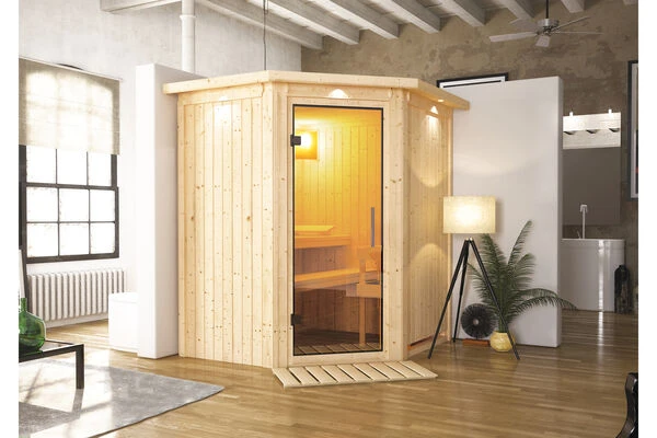 KARIBU Taurin Sauna, Naturbelassen, Fichte, 184 X 165 X 202 Cm, Eckeinstieg, Mit Klarglastür Und Kranz, SET Mit Ofen 4,5 KW Integr. Str. 1 KARIBU Taurin Sauna, Naturbelassen, Fichte, 184 X 165 X 202 Cm, Eckeinstieg, Mit Klarglastür Und Kranz, SET Mit Ofen 4,5 KW Integr. Str.