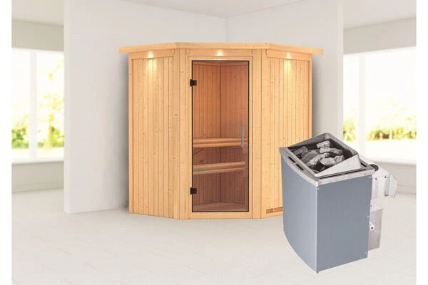 KARIBU Taurin Sauna, Naturbelassen, Fichte, 184 X 165 X 202 Cm, Eckeinstieg, Mit Klarglastür Und Kranz, SET Mit Ofen 4,5 KW Integr. Str. 2 KARIBU Taurin Sauna, Naturbelassen, Fichte, 184 X 165 X 202 Cm, Eckeinstieg, Mit Klarglastür Und Kranz, SET Mit Ofen 4,5 KW Integr. Str. – Bild 2