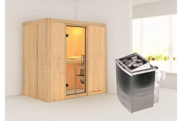 KARIBU Variado Sauna, Naturbelassen, Fichte, 196 X 118 X 198 Cm, Fronteinstieg, Mit Klarglastür, SET Mit Ofen 4,5 KW Integr. Str. 1 KARIBU Variado Sauna, Naturbelassen, Fichte, 196 X 118 X 198 Cm, Fronteinstieg, Mit Klarglastür, SET Mit Ofen 4,5 KW Integr. Str.