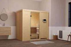 KARIBU Variado Sauna, Naturbelassen, Fichte, 196 X 118 X 198 Cm, Fronteinstieg,mit Klarglastür, SET Mit Ofen 4,5 KW Ext. Strg. Easy