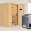 KARIBU Bodin Sauna, Naturbelassen, Fichte, 196 X 151 X 198 Cm, Fronteinstieg,mit Klarglastür SETmit Ofen 4,5 KW Bio Ext. Strg.