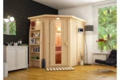 KARIBU Carin Sauna, Naturbelassen, Fichte, 210 X 165 X 202 Cm, Eckeinstieg,mit Energiespartür Und Kranz SETmit Ofen 4,5 KW Ext. Strg. Easy