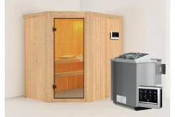 KARIBU Carin Sauna, Naturbelassen, Fichte, 196 X 151 X 198 Cm, Eckeinstieg,mit Bronzierter Tür SETmit Ofen 4,5 KW Bio Ext. Strg.