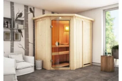 KARIBU Carin Sauna, Naturbelassen, Fichte, 210 X 165 X 202 Cm, Eckeinstieg,mit Bronzierter Tür Und Kranz SETmit Ofen 4,5 KW Integr. Str.