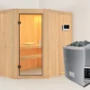 KARIBU Carin Sauna, Naturbelassen, Fichte, 196 X 151 X 198 Cm, Eckeinstieg,mit Klarglastür SETmit Ofen 4,5 KW Ext. Strg. Easy