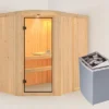 KARIBU Lavea Sauna, Naturbelassen, Fichte, 151 X 196 X 198 Cm, Eckeinstieg,mit Rundbogenelement SET Mit Ofen 4,5 KW Integr. Str.