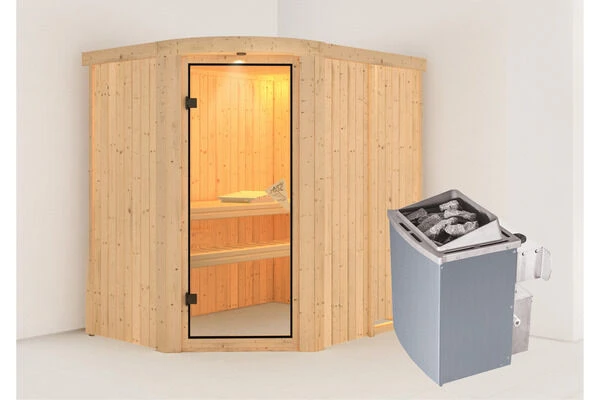 KARIBU Lavea Sauna, Naturbelassen, Fichte, 151 X 196 X 198 Cm, Eckeinstieg,mit Rundbogenelement SET Mit Ofen 4,5 KW Integr. Str. 1 KARIBU Lavea Sauna, Naturbelassen, Fichte, 151 X 196 X 198 Cm, Eckeinstieg,mit Rundbogenelement SET Mit Ofen 4,5 KW Integr. Str.