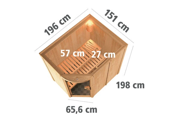 KARIBU Lavea Sauna, Naturbelassen, Fichte, 151 X 196 X 198 Cm, Eckeinstieg,mit Rundbogenelement SET Mit Ofen 4,5 KW Integr. Str. 5 KARIBU Lavea Sauna, Naturbelassen, Fichte, 151 X 196 X 198 Cm, Eckeinstieg,mit Rundbogenelement SET Mit Ofen 4,5 KW Integr. Str. – Bild 5