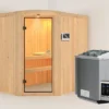 KARIBU Lavea Sauna, Naturbelassen, Fichte, 151 X 196 X 198 Cm, Eckeinstieg, Mit Rundbogenelement SET Mit Ofen 4,5 KW Bio Ext. Strg.