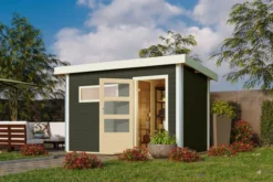 KARIBU Skrollan 1 Saunahaus, Terragrau, Fichte, 336 X 196 X 195 Cm, Fronteinstieg, Mit Moderner Tür SET Mit Fenster