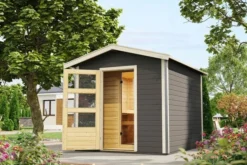 KARIBU Bosse 1 Saunahaus, Terragrau, Fichte, 231x273x235 Cm, Mit Vorraum, Fronteinstieg Und 9 KW Ofen