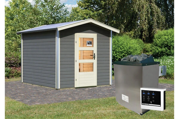 KARIBU Bosse 1 Saunahaus, Terragrau, Fichte, 231x273x235 Cm, Mit Vorraum, Fronteinstieg Und 9 KW Ofen 2 KARIBU Bosse 1 Saunahaus, Terragrau, Fichte, 231x273x235 Cm, Mit Vorraum, Fronteinstieg Und 9 KW Ofen – Bild 2