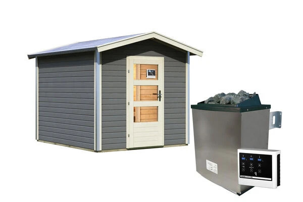 KARIBU Bosse 1 Saunahaus, Terragrau, Fichte, 231x273x235 Cm, Mit Vorraum, Fronteinstieg Und 9 KW Ofen 3 KARIBU Bosse 1 Saunahaus, Terragrau, Fichte, 231x273x235 Cm, Mit Vorraum, Fronteinstieg Und 9 KW Ofen – Bild 3