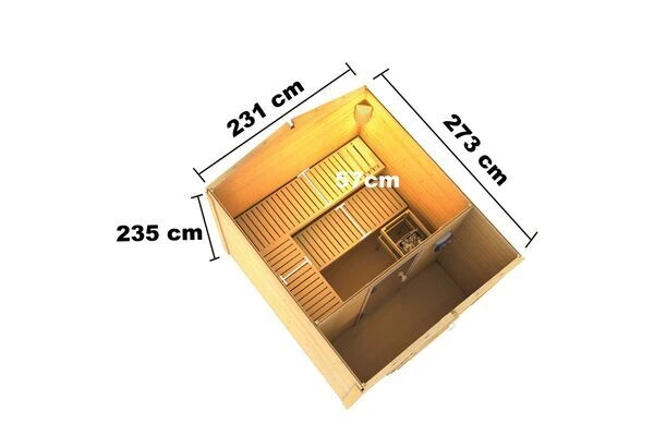 KARIBU Bosse 1 Saunahaus, Terragrau, Fichte, 231x273x235 Cm, Mit Vorraum, Fronteinstieg Und 9 KW Ofen 5 KARIBU Bosse 1 Saunahaus, Terragrau, Fichte, 231x273x235 Cm, Mit Vorraum, Fronteinstieg Und 9 KW Ofen – Bild 5