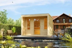 KARIBU Eldor Saunahaus, Naturbelassen, Fichte, 276x276x210 Cm, Mit Bronzierter Tür Und Terrasse