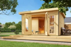 KARIBU Mainburg 3 Saunahaus, Naturbelassen, Fichte, 369x369x229 Cm, SET A Mit Doppelflügeltür Und Vorraum