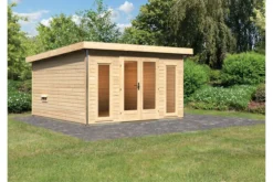 KARIBU Mainburg 3 Saunahaus, Naturbelassen, Fichte, 369x369x229 Cm, SET B Mit Doppelflügeltür Und Vorraum