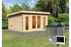 KARIBU Mainburg 3 Saunahaus, Naturbelassen, Fichte, 369x369x229 Cm, SET B Mit Doppelflügeltür, Vorraum Und 9 KW Ofen